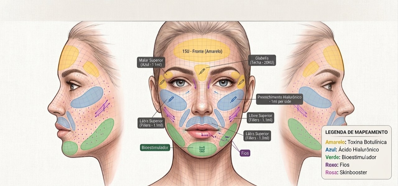 Perfil de um rosto com as regiões de aplicação pintadas por tipo de produto.